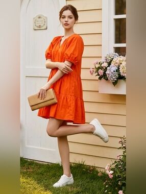 Japna SZ XL 100% Cotton Orange Loose Fit V-Neck Puff Sleeve Mini Shift Dress